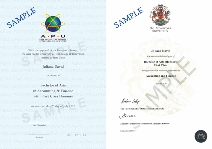 نموذج الشهادة المزدوجة - APU و De Montfort University